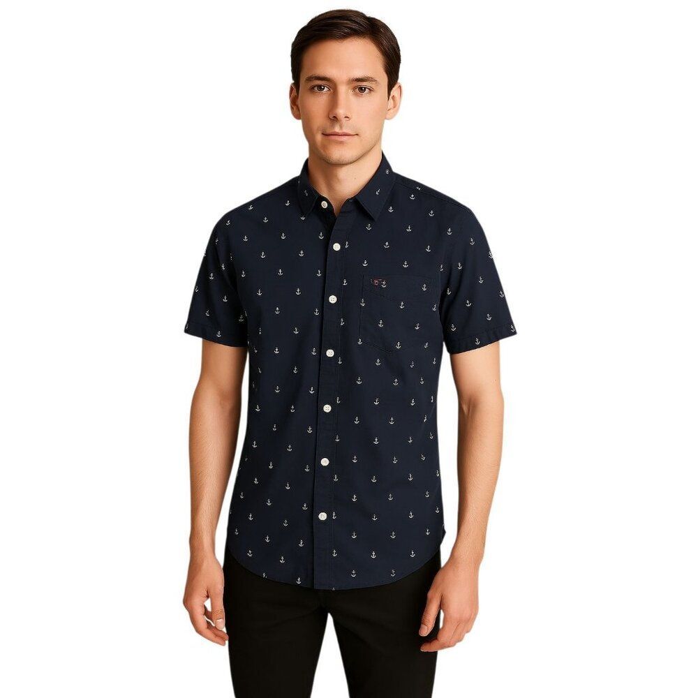 Anchor Shirt Botton Up Down Navy Short Sleeve On the Road Men's Size Small MAN'S